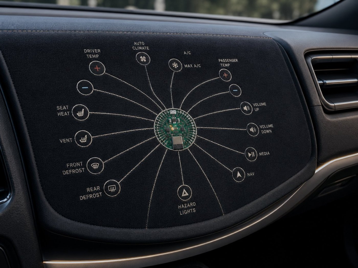 Automotive dashboard with embroidered capacitive controls