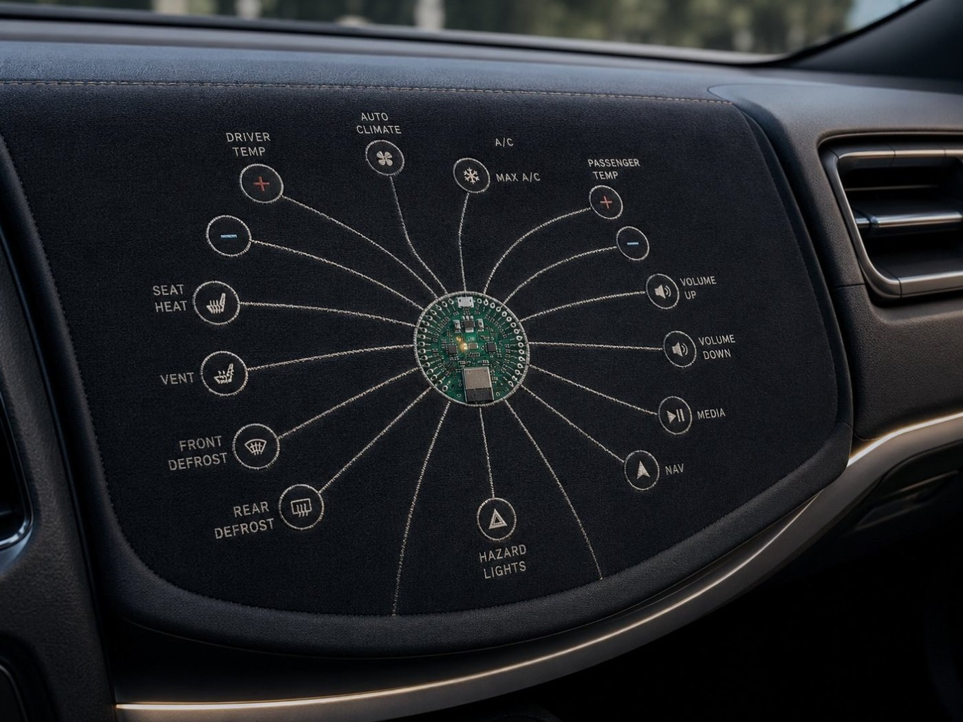 Automotive dashboard with embroidered capacitive controls