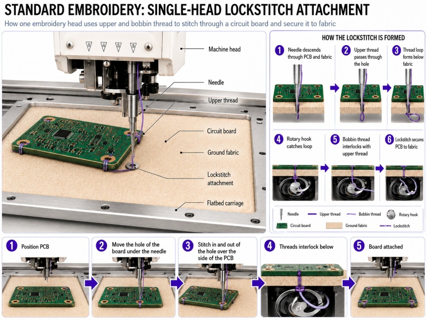 Single-head lockstitch circuit attachment process diagram