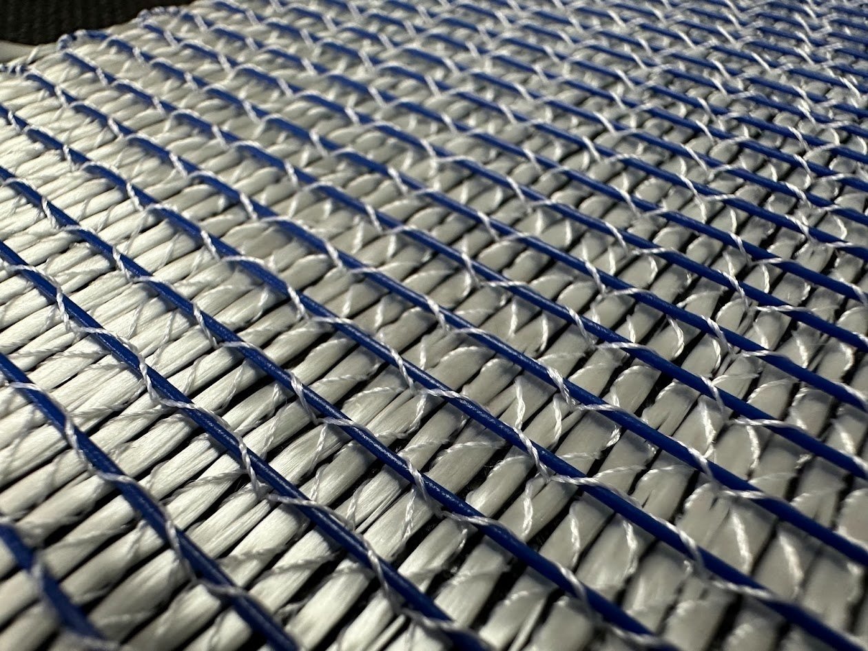 Blue sensor wire couched in dense parallel rows