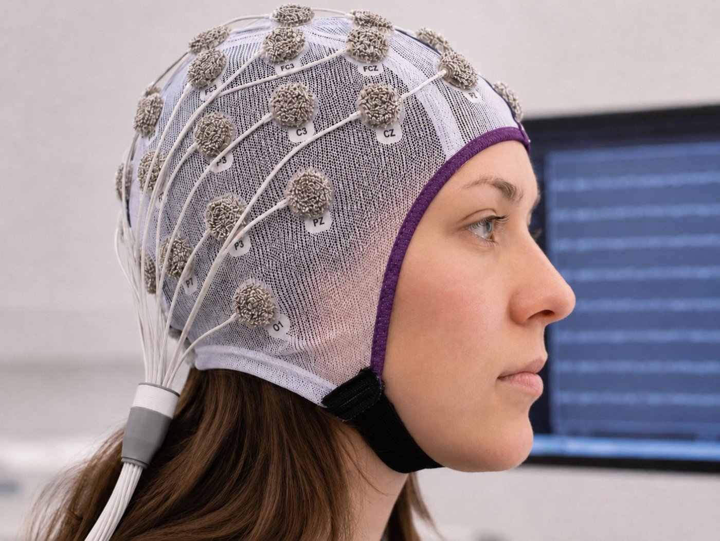 EEG cap with chenille electrode array and embroidered leads